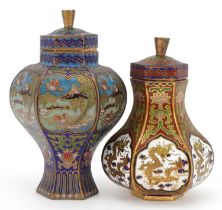 Two Chinese cloisonne hexagonal vases and covers enamelled with dragons and flowers, the largest