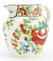 Large early 19th century creamware jug hand painted with flowers, 19.5cm in length : For further