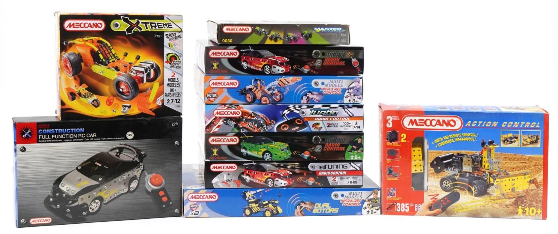 Ten Meccano vehicle construction sets with boxes, some radio controlled, including numbers 886350,
