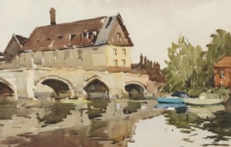 Edward Wesson - Bridge Over Water, Modern British watercolour, mounted, framed and glazed, 49cm x