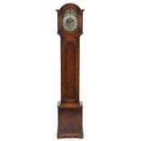 Oak cased grandmother clock with blind fret panels and silvered chapter rings having Roman and
