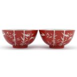 Pair of Chinese porcelain iron red ground bowls hand painted with bamboo grove, six figure character