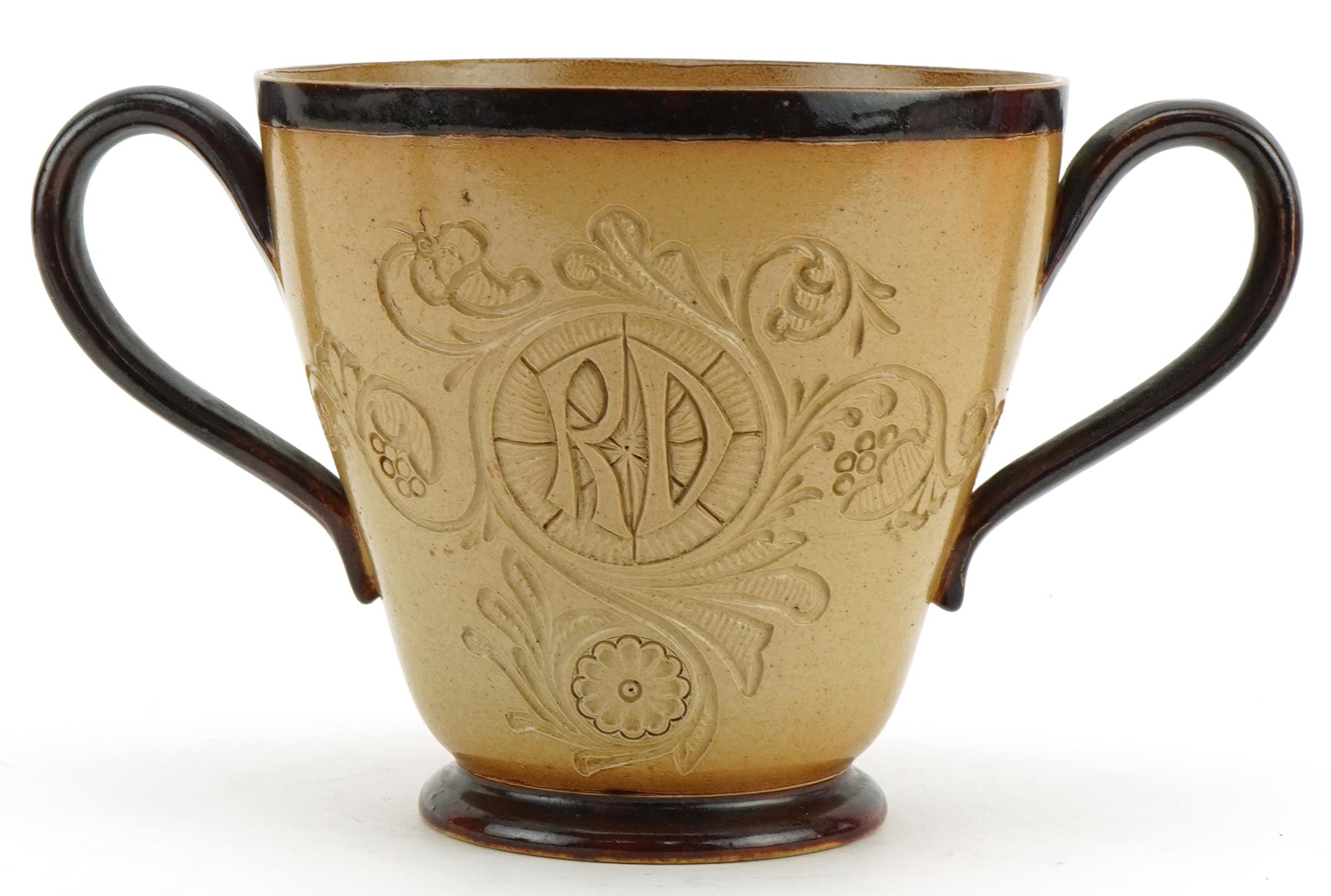 Mark Marshall for Doulton Lambeth, stoneware twin handled loving cup with incised motto When drink - Image 2 of 4