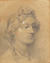 Portrait of young female, Pre-Raphaelite school pencil on paper, mounted and framed, 21cm x 16.5cm