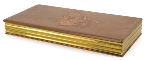 Sam Fanaroff copper and brass cigar box engraved with leaves, 3cm H x 23cm W x 11.5cm D