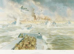 Rex Phillips - The Invasion Begins, pencil signed print in colour, limited edition 67/1944, 74cm x