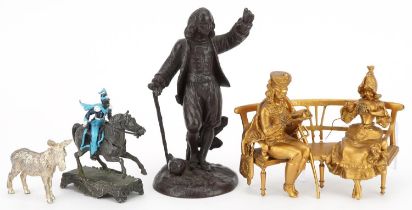 Metalware including a military interest group of figures on a bench and a silver plated donkey,