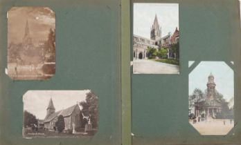 Topographical and social history postcards arranged in an album including locomotives, turbine