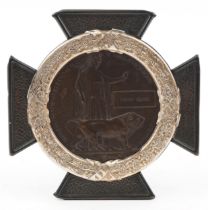 British military World War I death plaque awarded to Henry Clark mounted in a iron cross easel