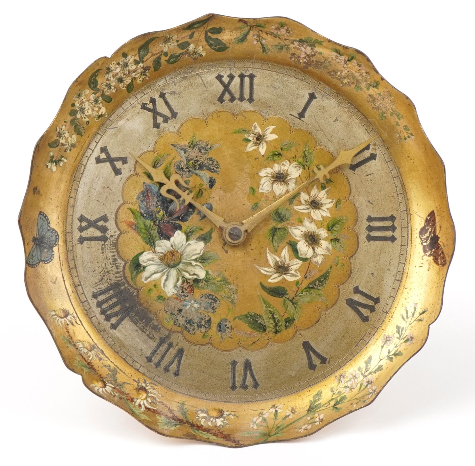 Gay, Lamaille and Co hand painted floral and butterfly brass strut clock with folding stand,