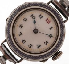 Ladies silver and guilloche enamel wristwatch, London import marks to the case, 27mm in diameter :