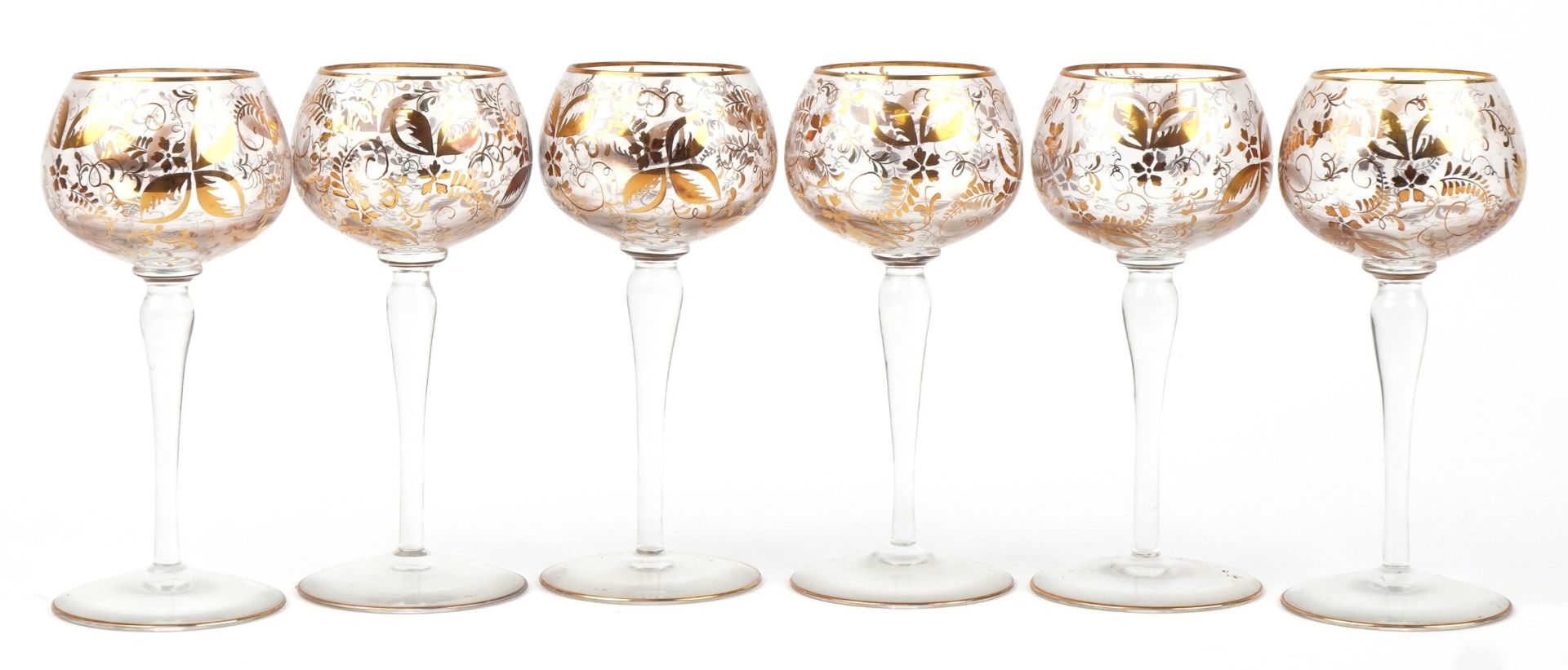 Set of six Edwardian hock glasses with gilded floral decoration, each 17cm high : For further