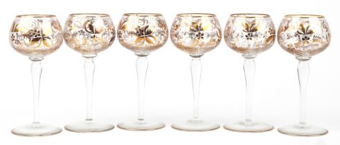 Set of six Edwardian hock glasses with gilded floral decoration, each 17cm high : For further