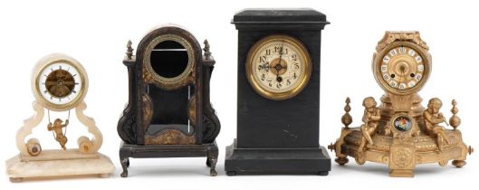 Three 19th century mantle clocks and an ornate case, the clocks comprising a gilt metal example