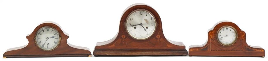 Three mahogany mantle clocks including inlaid eight day example and an Art Nouveau Napoleon hat