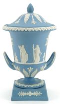 Wedgwood Jasperware Campana urn vase and cover with twin handles on square plinth base decorated