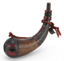 Middle Eastern lacquer and horn powder flask with metal inlay, 29cm in length : For further