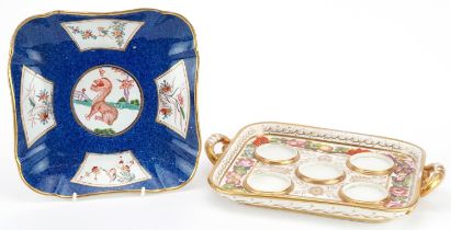 Early 19th century Coalport inkstand with twin handles hand painted with flowers and a blue ground