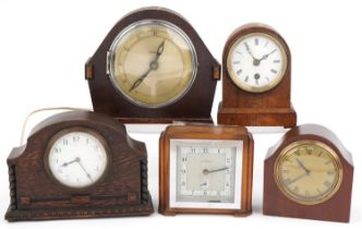 Five 19th century and later oak and mahogany mantle clocks including Art Deco example retailed by