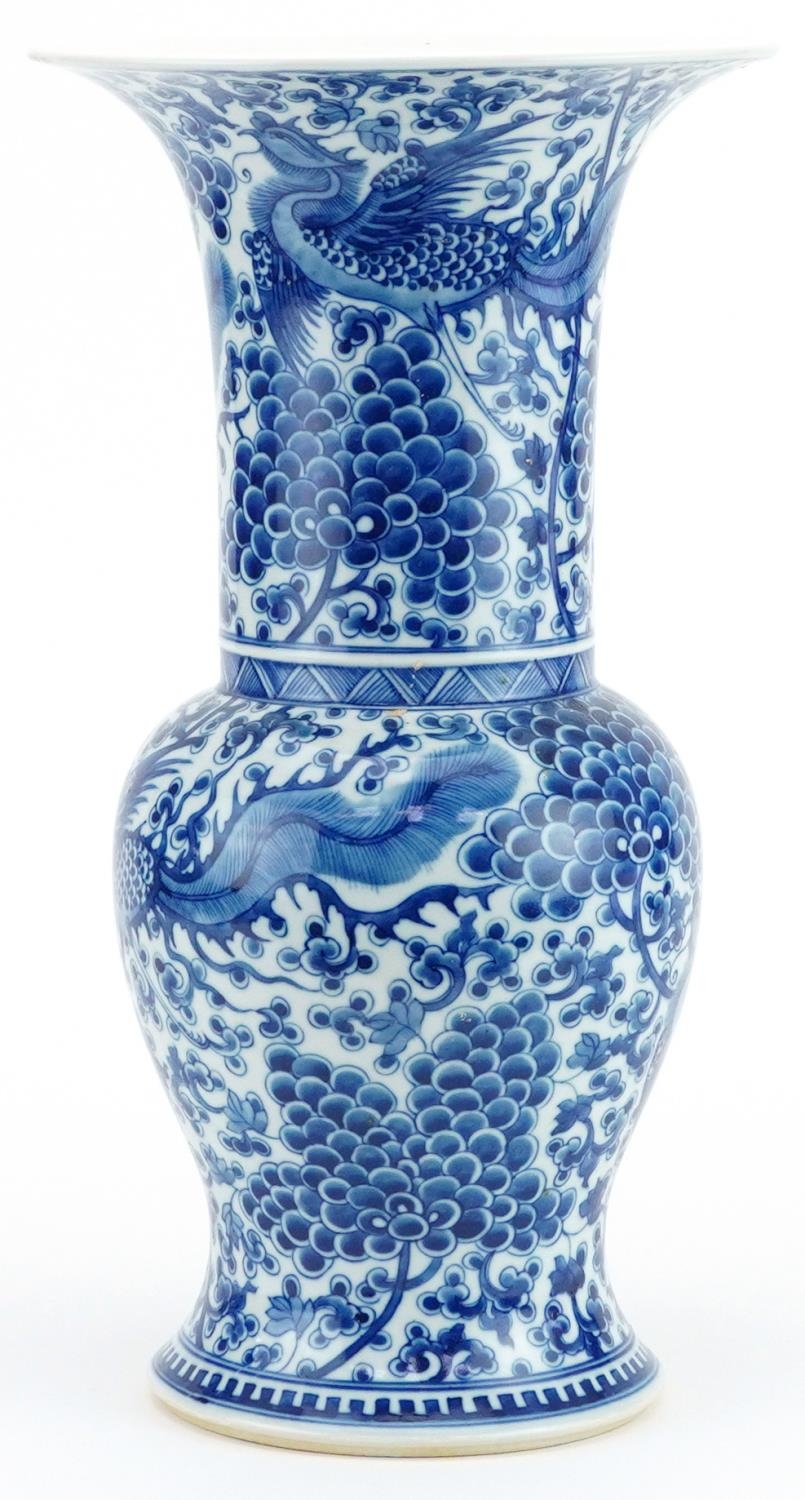 Chinese blue and white porcelain Yen Yen vase hand painted with phoenixes amongst flowers, six - Image 2 of 7