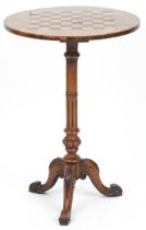 Victorian burr walnut inlaid tripod chess table, 73cm high x 50cm in diameter : For further