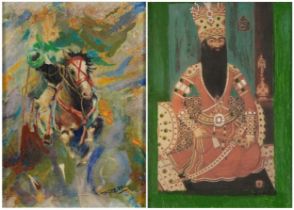 Figure on horseback and one other, two Islamic school pictures, mounted and framed, the largest 17.