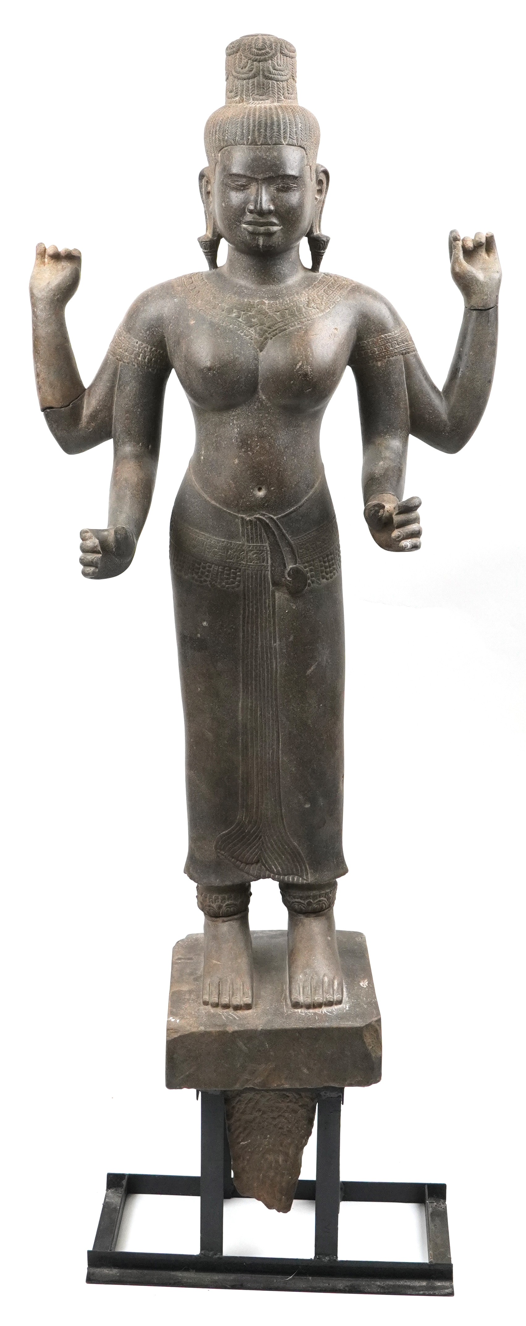 Large Cambodian Khmer Empire stone deity finely carved with robe, on later stand, the carving