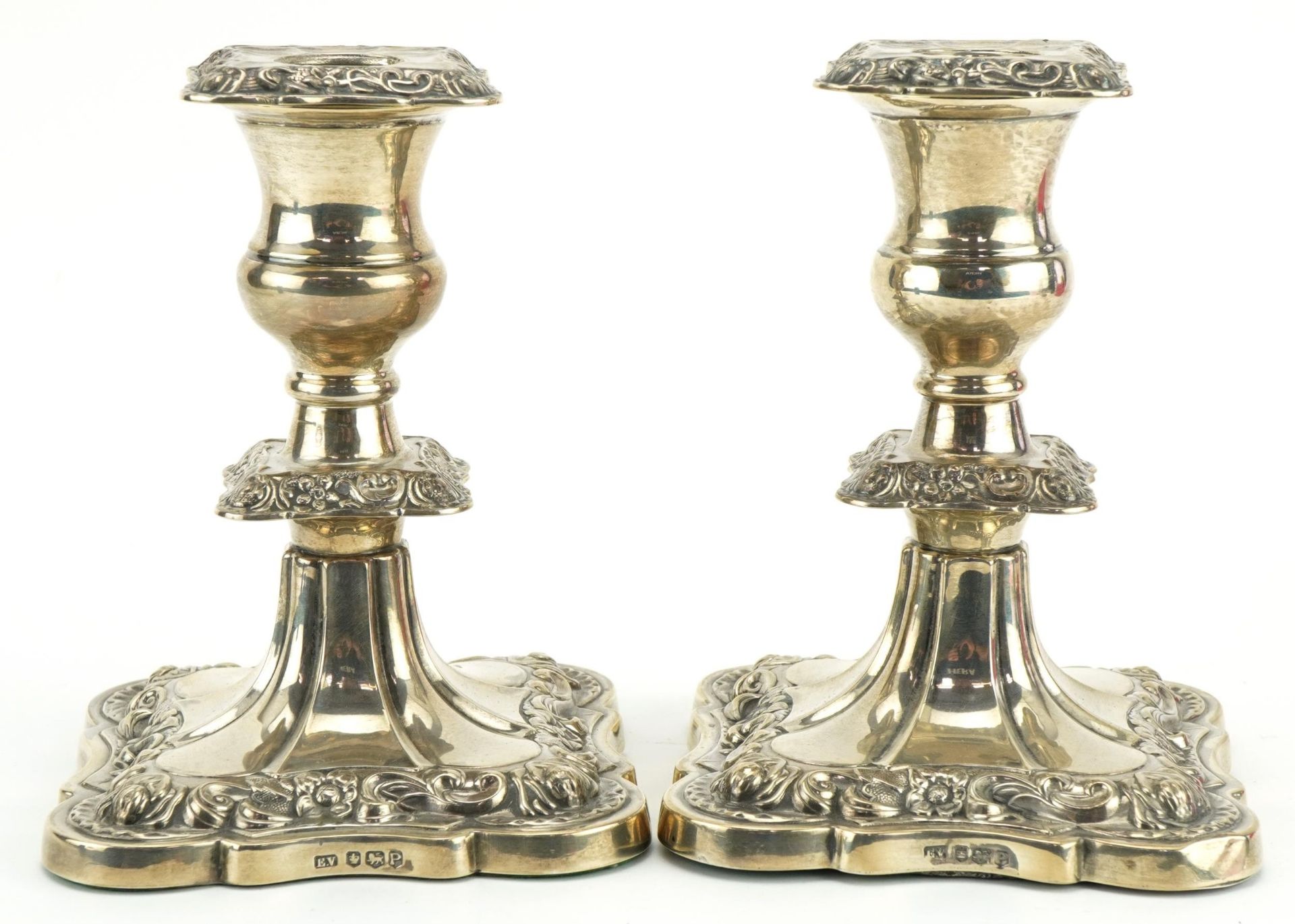 Viner's Ltd, pair of George V silver candlesticks embossed with flowers and foliage, Sheffield 1932, - Image 2 of 4