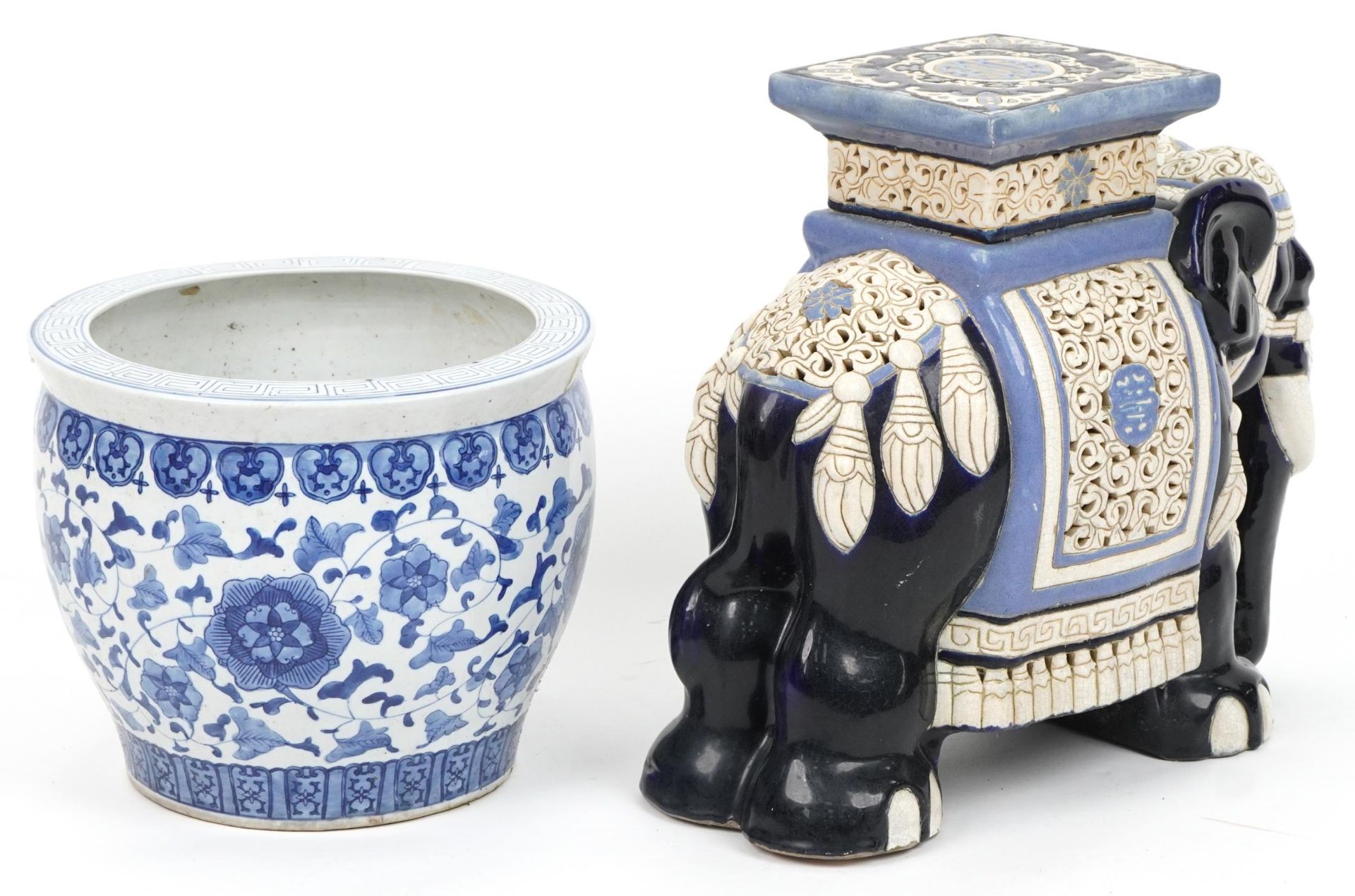 Chinese porcelain garden seat in the form of an elephant and blue and white jardiniere decorated - Image 3 of 4