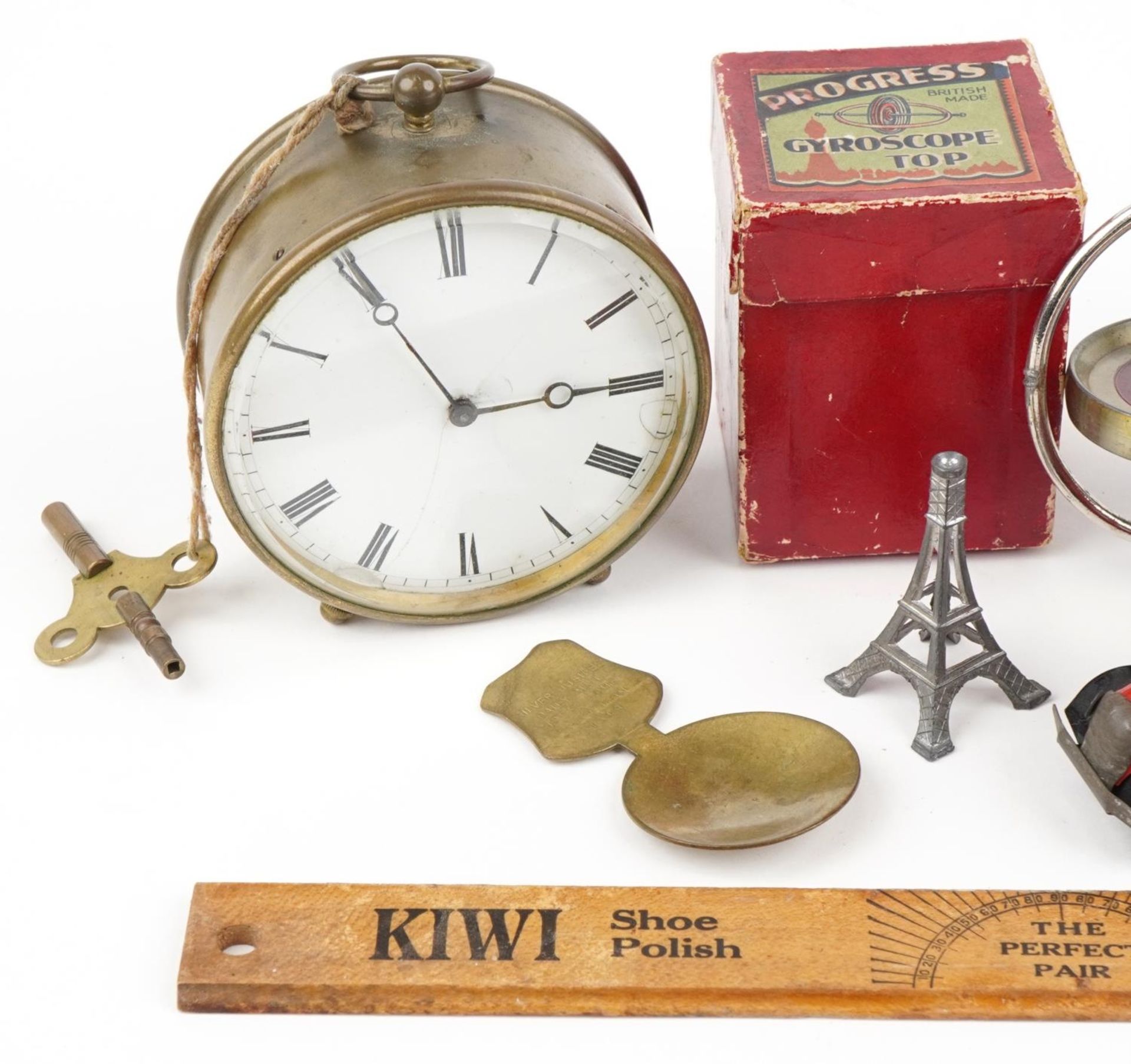 Sundry items including brass cased travel clock, Worthington advertising copper dish and Gyroscope - Image 2 of 4
