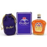 One litre bottle of Crown Royal Canadian whisky with cloth pouch and box : For further information