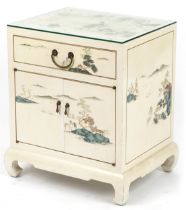 Cream lacquer nightstand with drawer above cupboard doors hand painted in the chinoiserie manner