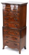 Mahogany and walnut serpentine chest on chest fitted with eight drawers and brushing slide, 152cm