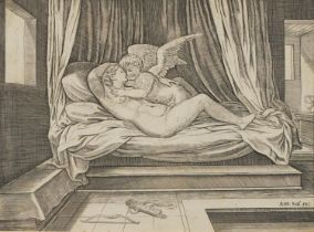 Nude female with Putti in an interior, early 19th century engraving, mounted, framed and glazed,