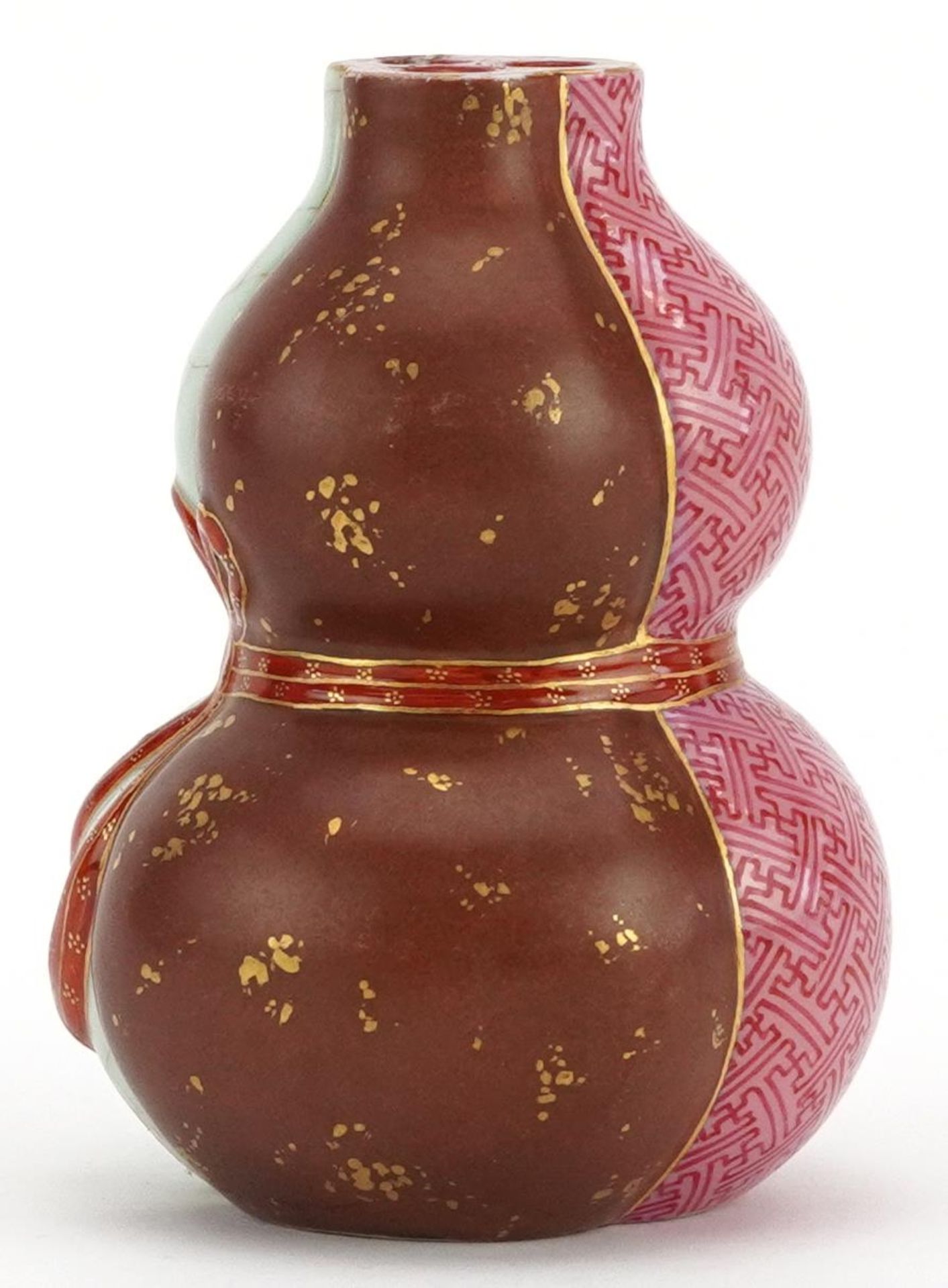 Chinese porcelain double gourd three section flower vase with ribbon, gilt four figure character - Image 2 of 7