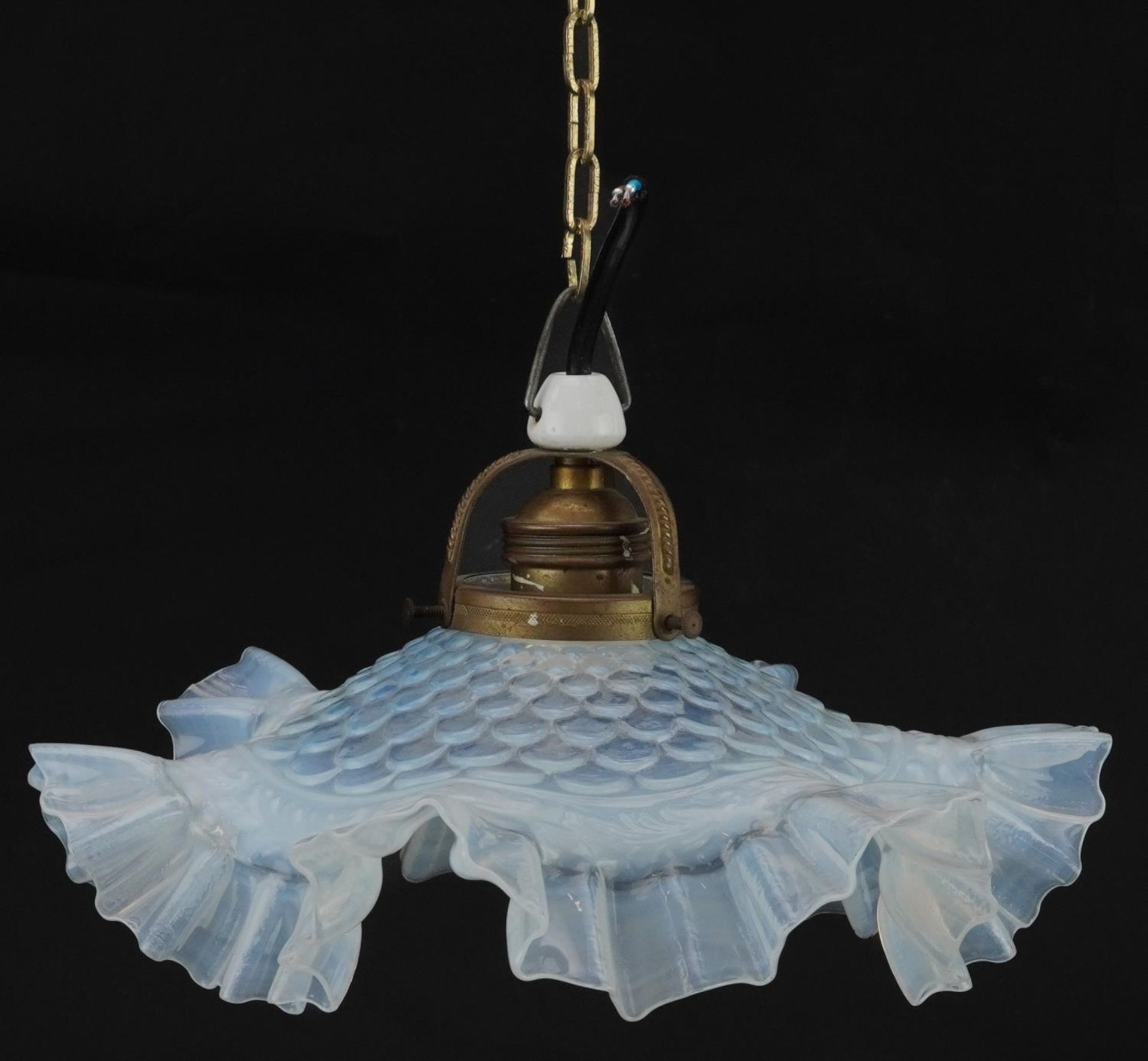 Art Nouveau Vaseline frilled glass shade with brass mounts, 28cm in diameter : For further