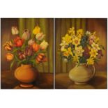 Still life daffodils and tulips in a vase, pair of oil on boards, framed, each 54cm x 41cm excluding