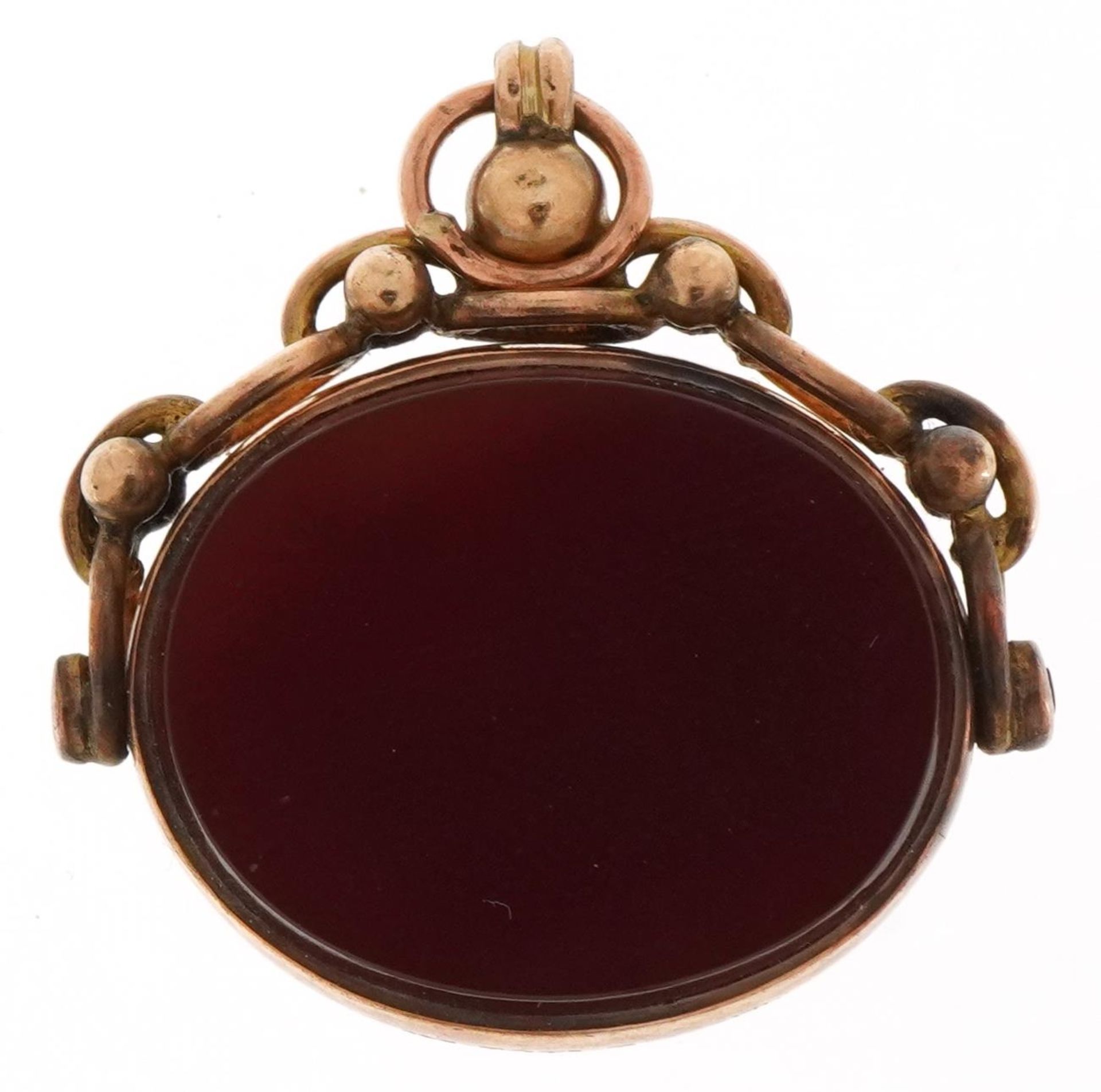 Victorian 9ct rose gold bloodstone and carnelian spinner fob, Birmingham 1892, 2.8cm wide, 8.4g : - Image 2 of 3