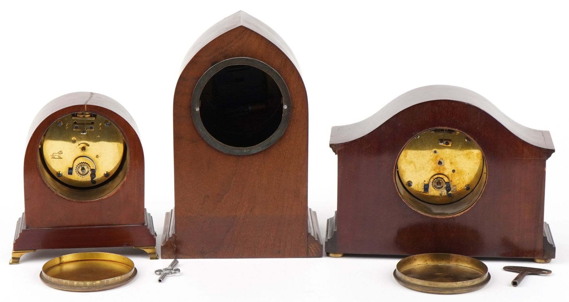 Three Edwardian inlaid mahogany mantle clocks with enamelled dials, the largest 26cm high : For - Image 3 of 3