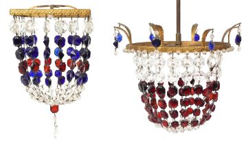 Two brass bag chandeliers with clear and coloured glass drops, the largest 32cm in diameter : For