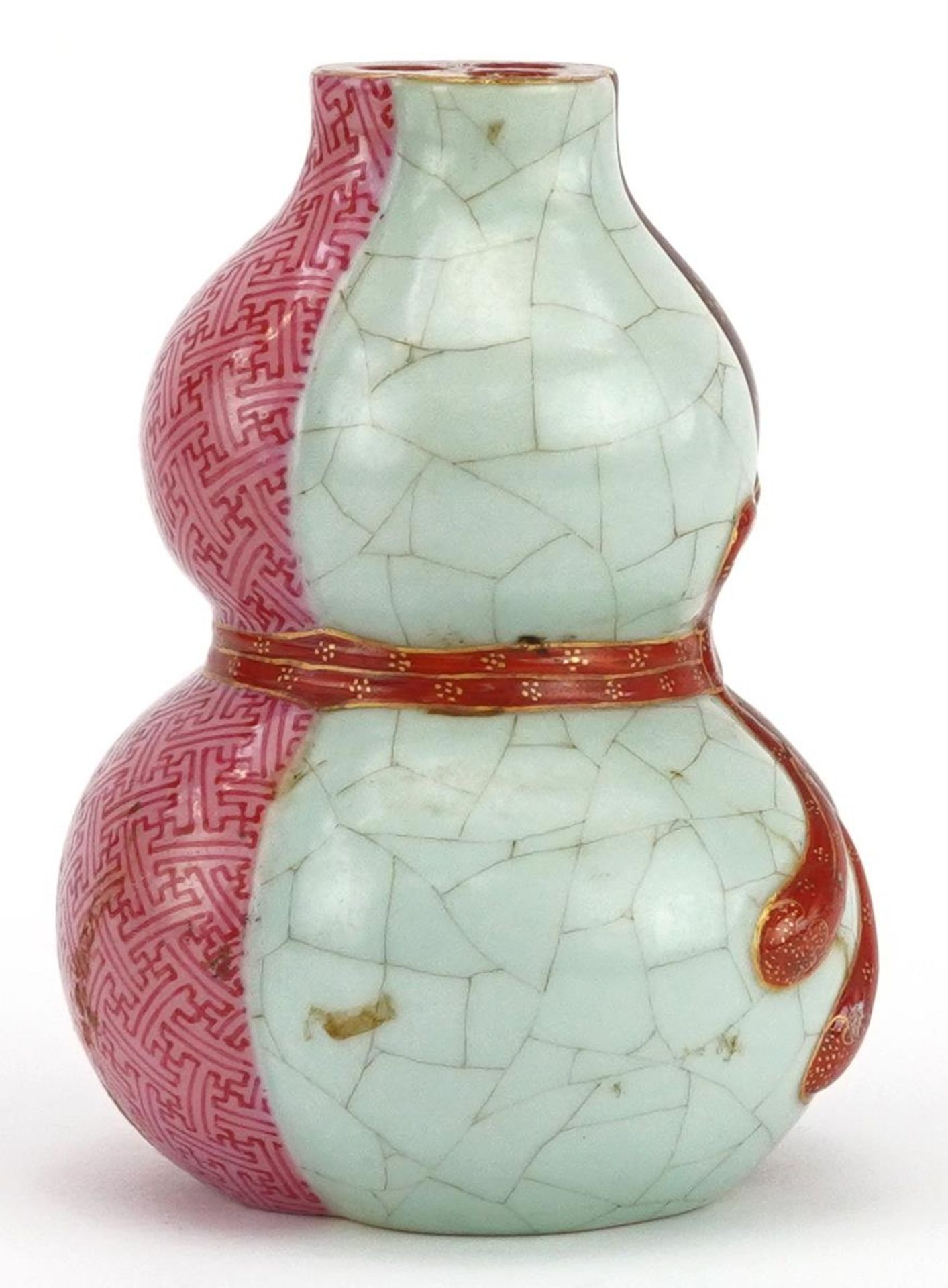 Chinese porcelain double gourd three section flower vase with ribbon, gilt four figure character - Bild 5 aus 7