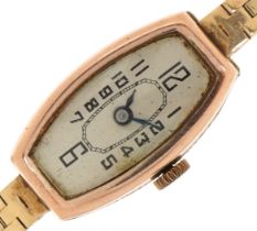 Art Deco ladies 9ct gold wristwatch with 9ct gold strap, the case 13mm wide, total weight 16.0g :