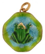 Enamelled frog on a lily pad charm, indistinct marks to the suspension loop, 2cm in length, 2.2g :