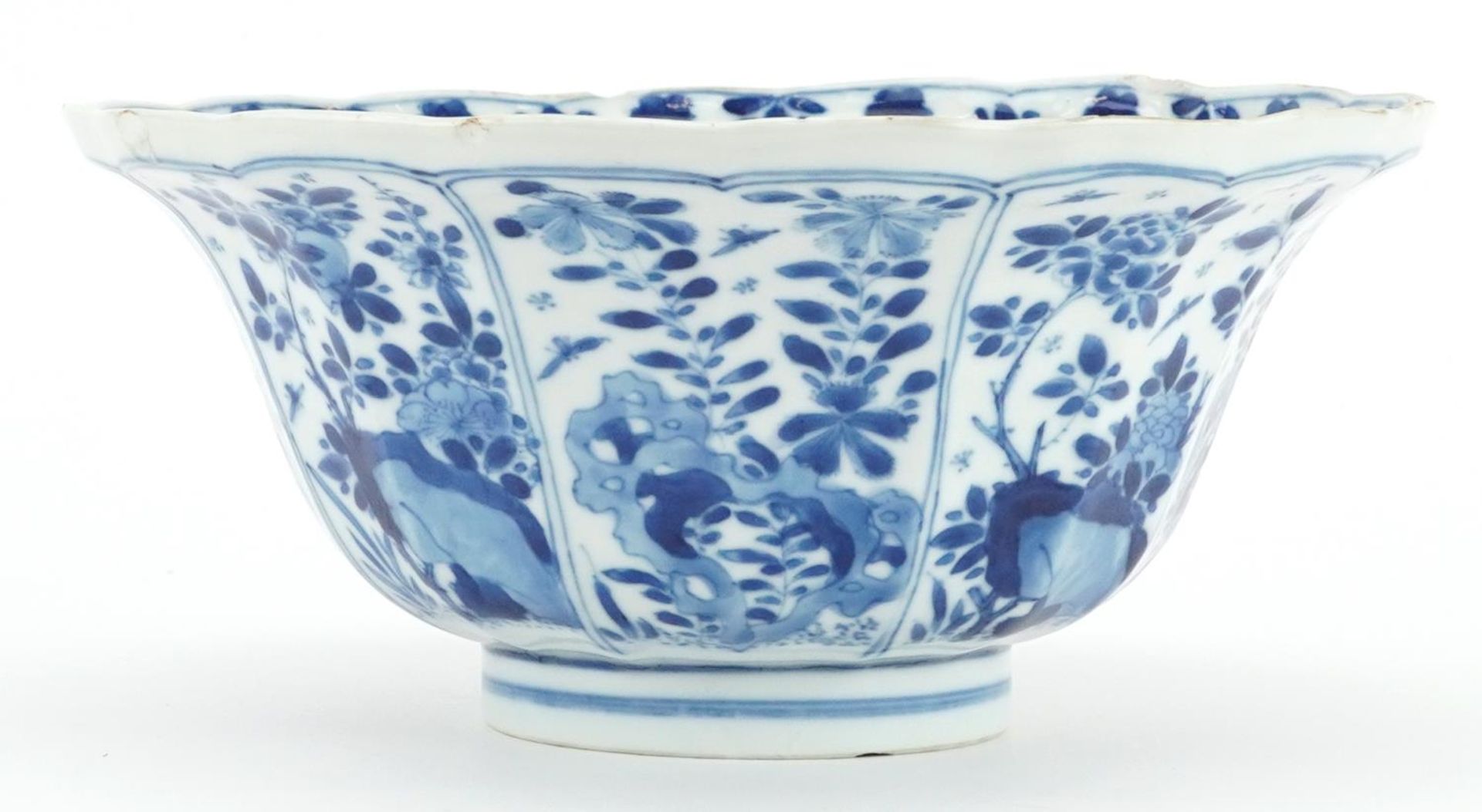 Chinese blue and white porcelain bowl hand painted with panels of flowers, six figure character - Image 3 of 6