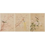 Birds amongst peony blossom and chrysanthemums, set of three Chinese watercolours on silk with red