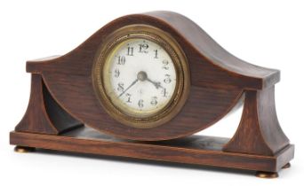 Edwardian inlaid rosewood mantle clock with circular dial having Arabic numerals, 28.5cm wide :