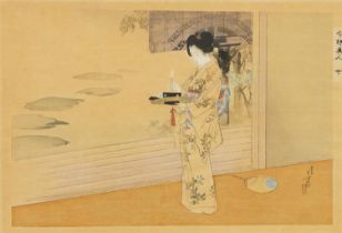 After Mizuno Toshikata - Geisha in an interior, Japanese print in colour, framed and glazed ,