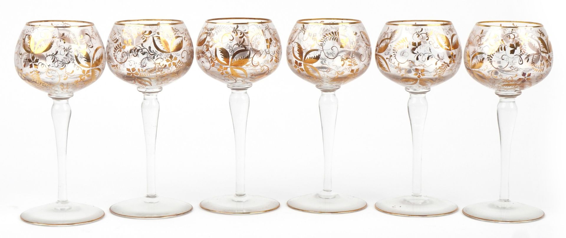 Set of six Edwardian hock glasses with gilded floral decoration, each 17cm high : For further - Image 3 of 4