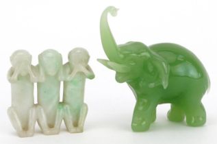 Chinese pale green carving of three wise monkeys and a similar elephant, the largest 10cm high : For
