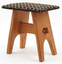 Vintage oak woodcraft stool with woollen chequered seat made in Wales, 29cm high : For further